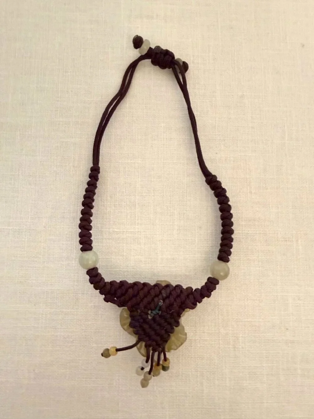 Vintage Handmade Jade Flower Macrame Bracelet Adjustable Artisan Natural Stone